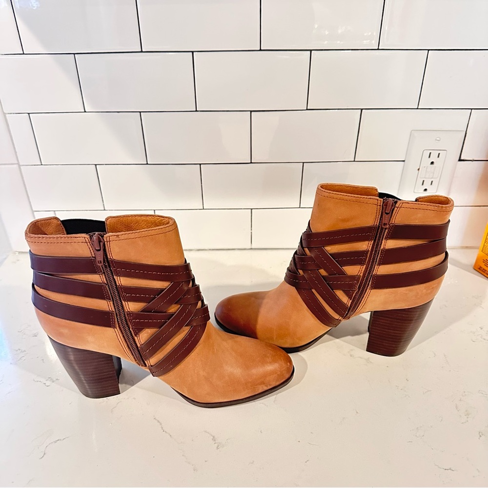 Sofft Tan and Brown Strappy Heeled Boots